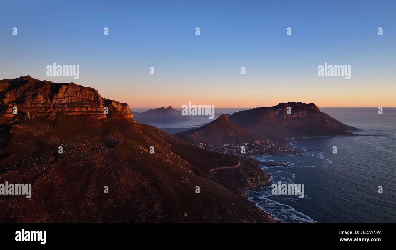 Cape Town aerial panorama with Table Mountain at golden hour
